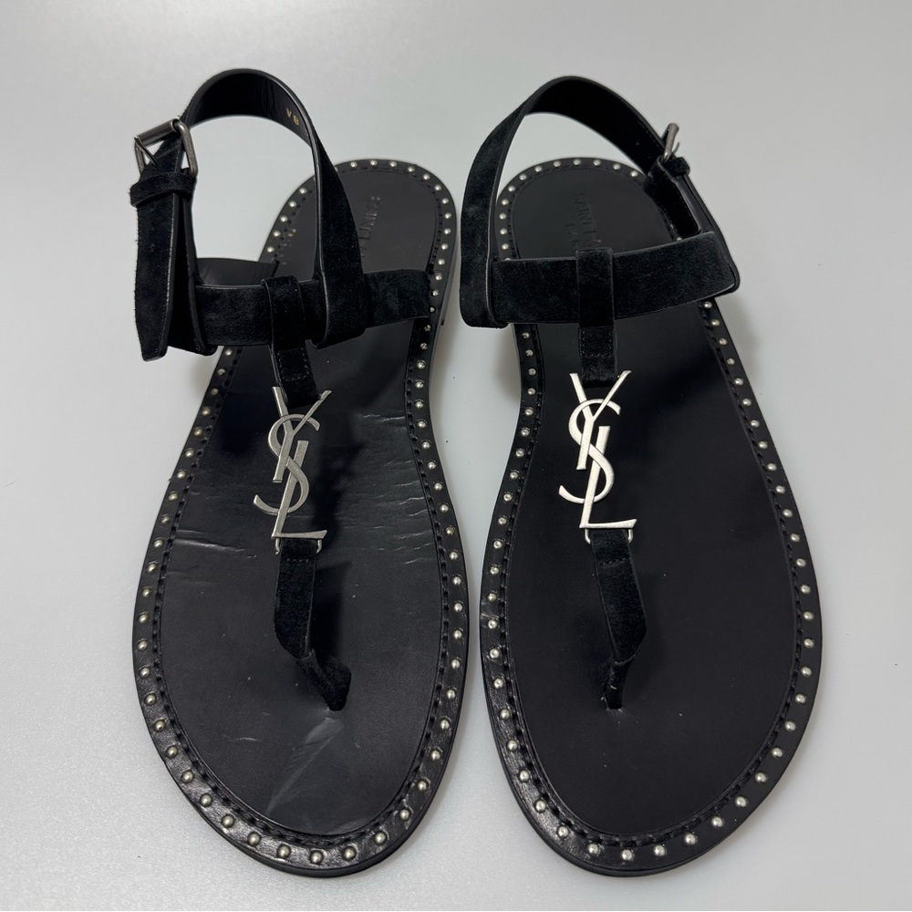 Saint Laurent Cassandra Flat Sandals in Suede with Silver-tone Monogram Black - Picture 2 of 6